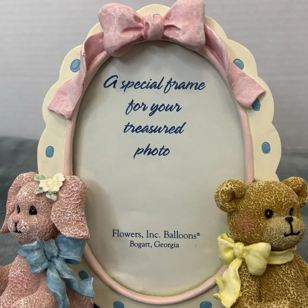 Vintage Baby’s Room Oval Picture Frame Pink Bow Bunny & Bear Fits 3x5 Cottage
